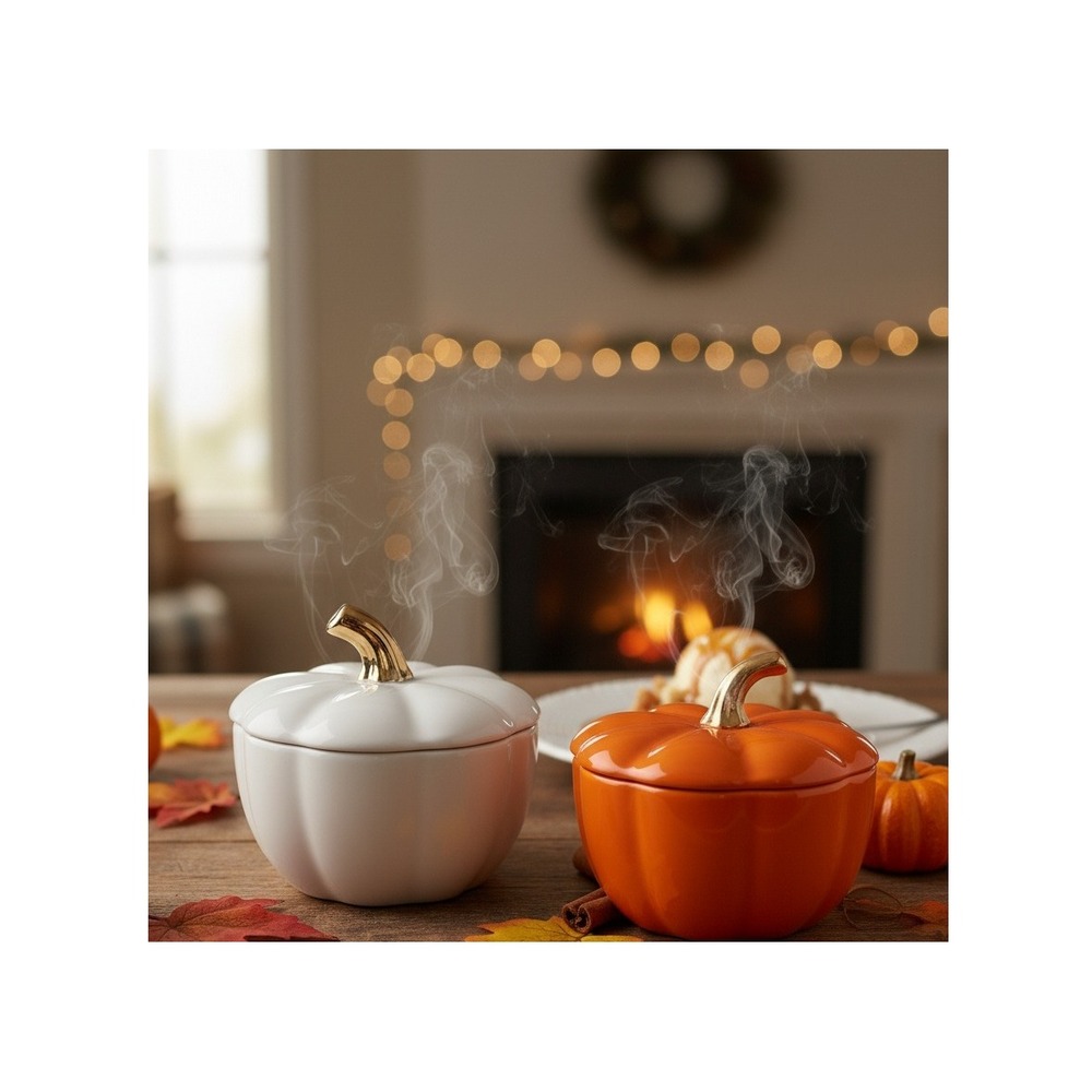 Pioneer Woman Pumpkin Mini Cocotte with Lid White Orange 13.5 oz Stoneware -2 PK